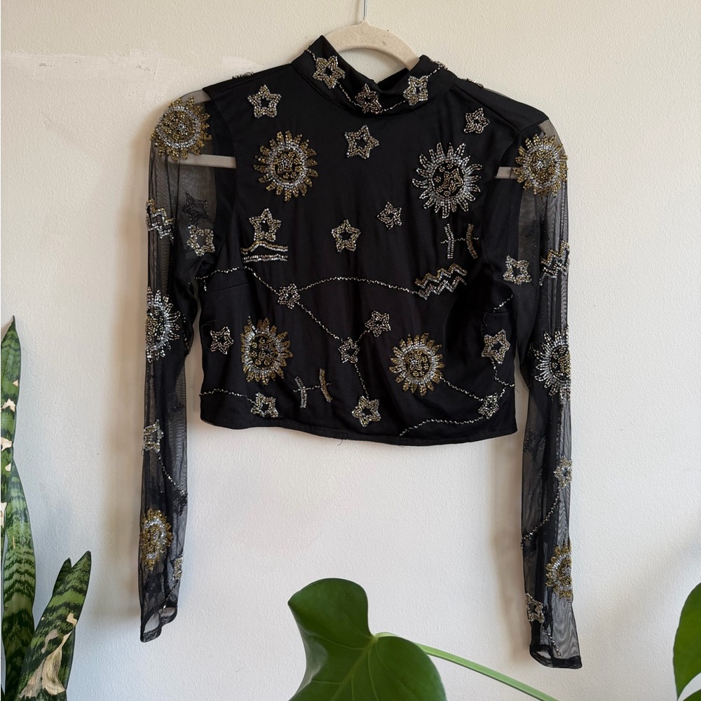 Beaded Black Sheer Long Sleeve Top